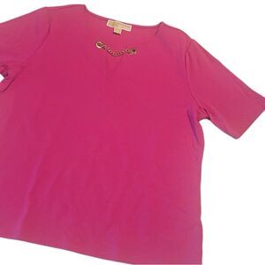 Michael Kors Fuchsia Short Sleeve Gold Chain Detail V Neck Top Size Large